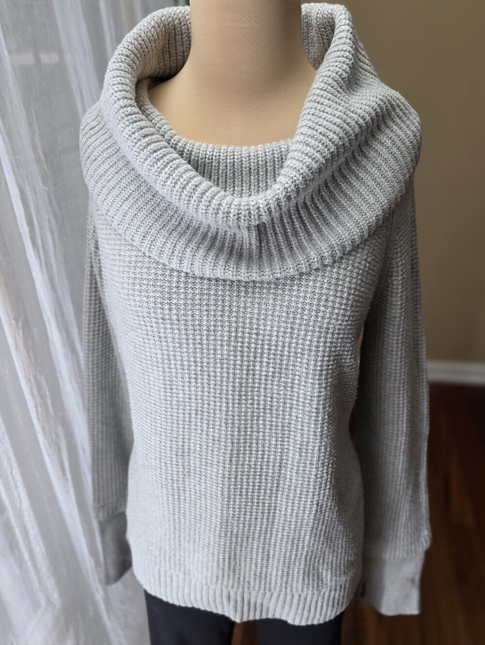 Gray Cotton Waffle Knit Oversized Cowl Neck Sweater XL Thumb Hole Slouchy Cozy